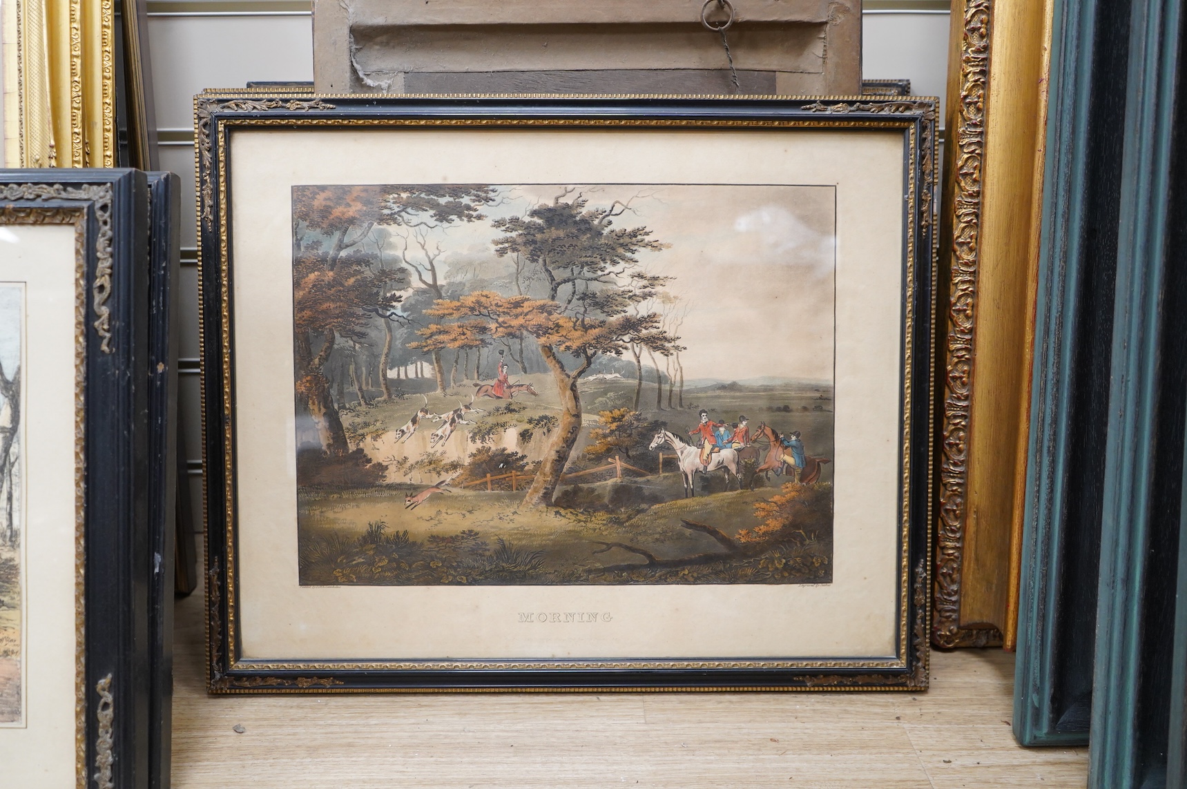 After Dean Wolstenholme (1757-1837) and Edward Hull, eight hunting interest lithographs to include: 'Unkenneling', 'Breaking cover', 'Morning' and 'Afternoon', 32 x 42cm